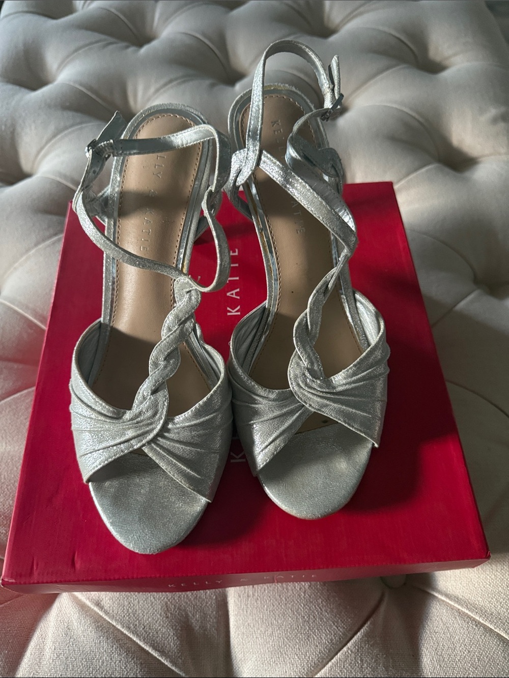 Kelly & Katie Silver Braided Ankle-Strap Heels
